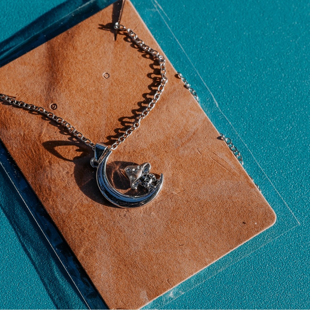 Silver Crescent Moon and mushroom Pendant Necklace